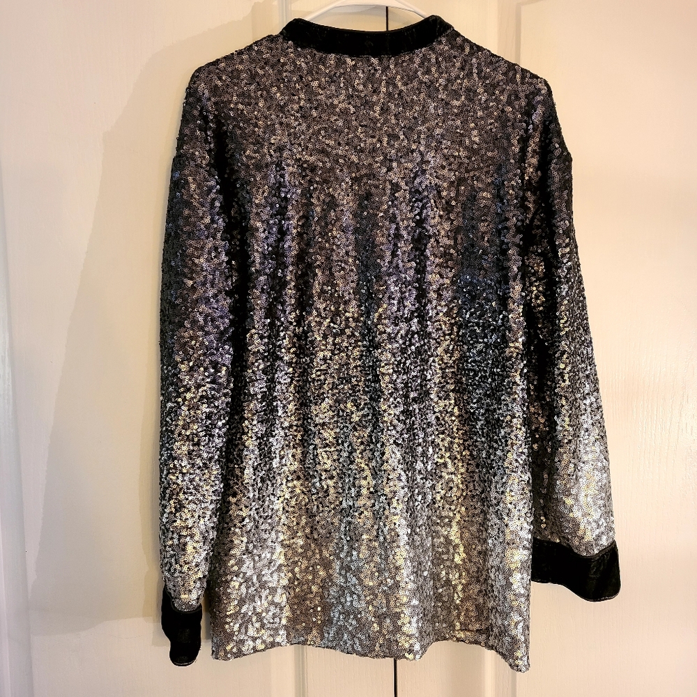 Johnny Was Sequin Black Silver M Shirt Jacket Cardigan Mobwife Casual Kimono - Picture 3 of 13